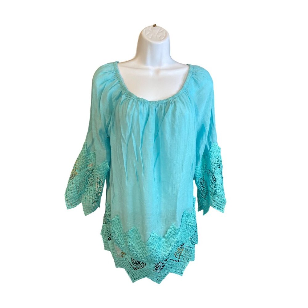 Cato EST 1946 Womens Tunic Top M Turquoise Crochet 3/4 Bell Sleeves Boho-Chic
